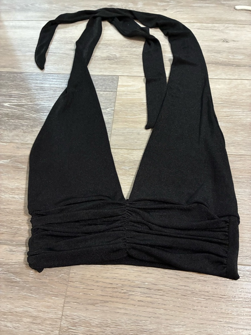 Miss Sparkling Black Halter Tie Ruched Crop Top Medium